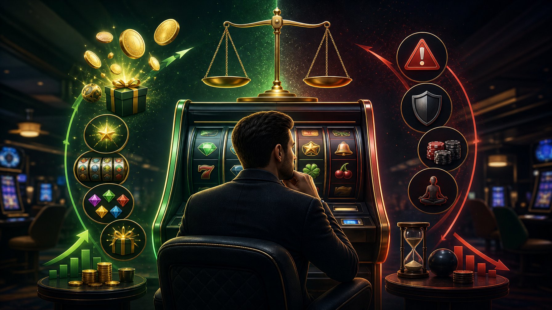 A Casino Player Compares The Potential Benefits And Risks Of Playing Slot Games Beside A Digital Slot Machine.