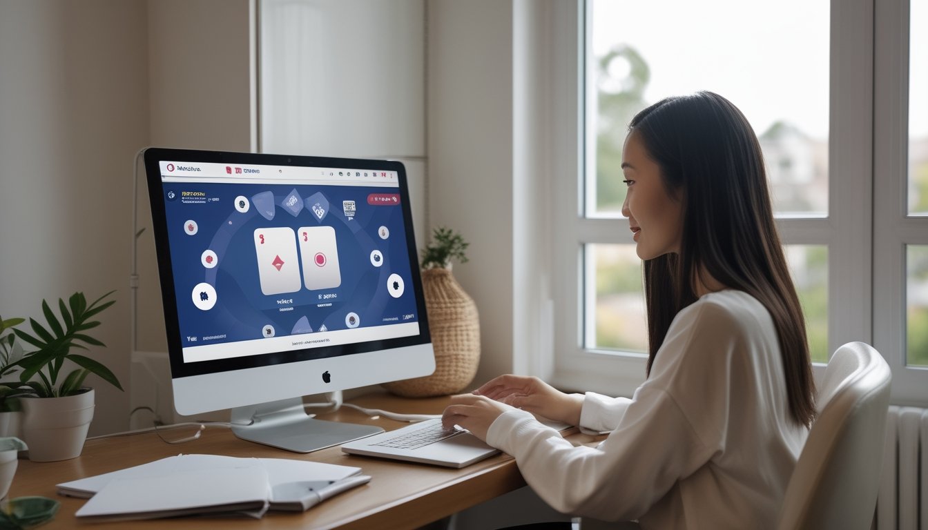 Seorang pemula mempelajari permainan kartu online di laptop dengan kartu dan buku catatan di meja.