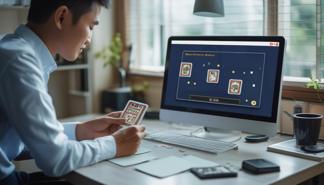 Seorang pemula mempelajari kartu domino dan permainan Ceme online di meja dengan bantuan ponsel.