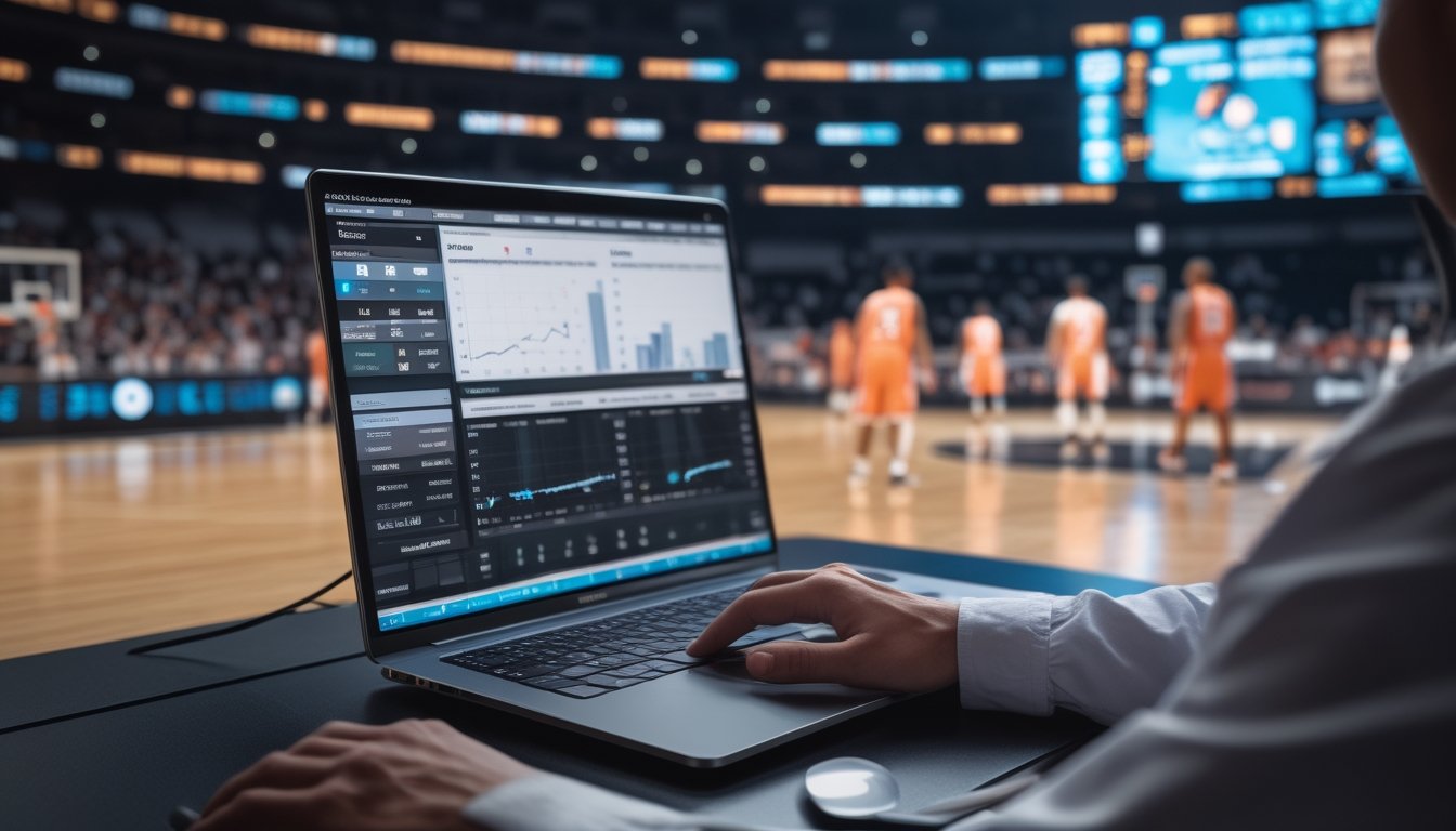 Suasana pertandingan basket dengan laptop yang menampilkan analisis umum dua tim.