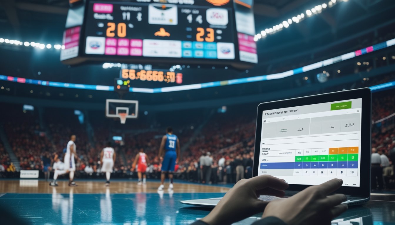 Pertandingan basket berlangsung di arena dengan seseorang melihat perangkat digital yang menampilkan perbandingan dua tim.