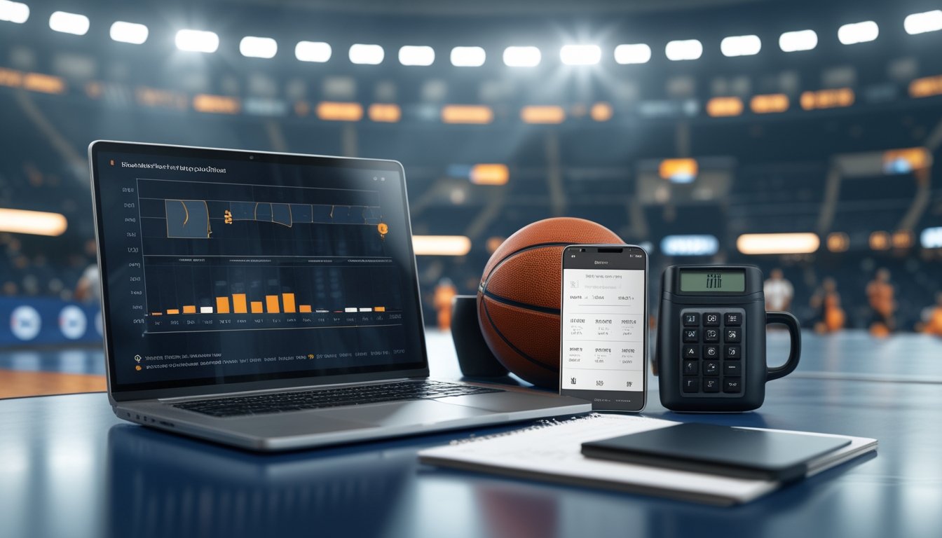 Ruang analisis olahraga dengan bola basket, laptop berisi grafik abstrak, dan arena basket di latar belakang.