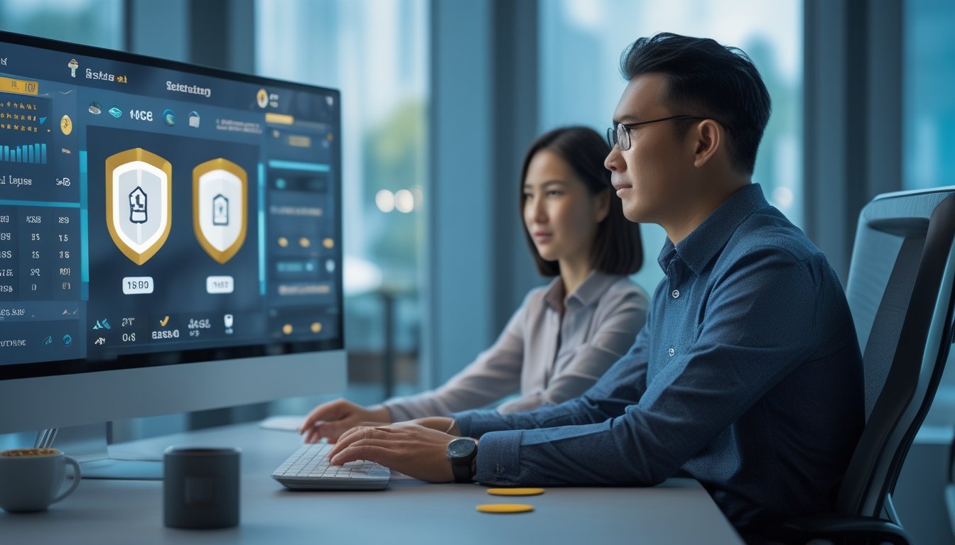 Dua profesional menganalisis permainan kartu digital di meja kerja modern.