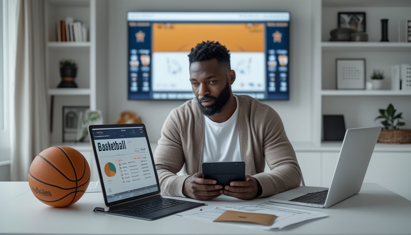 Orang dewasa mempelajari statistik pertandingan basket di meja kerja dengan laptop, kalkulator, dan bola basket.