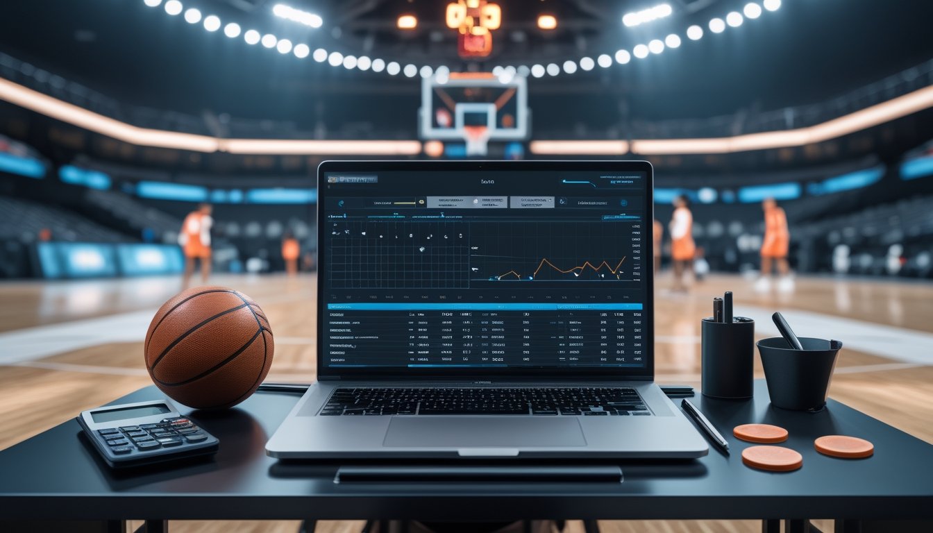Meja analisis dengan bola basket, grafik statistik, kalkulator, dan laptop di dekat lapangan basket.