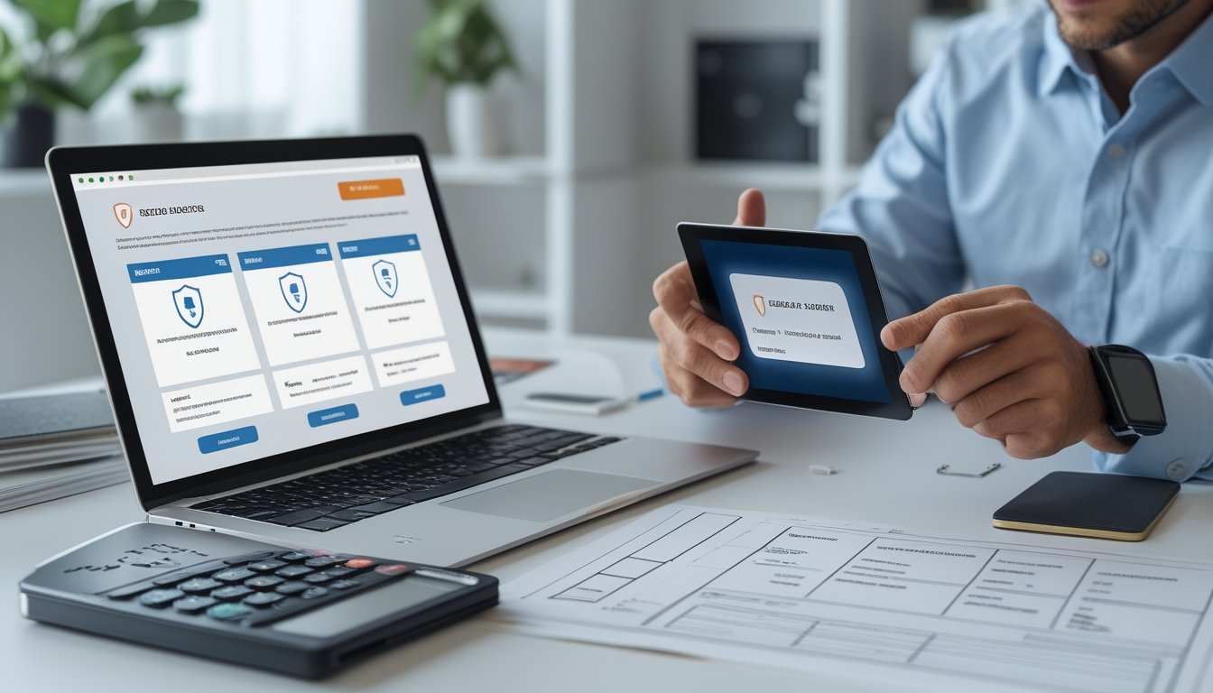 Pengguna membandingkan platform digital dengan laptop dan ponsel, disertai simbol keamanan serta daftar pemeriksaan.