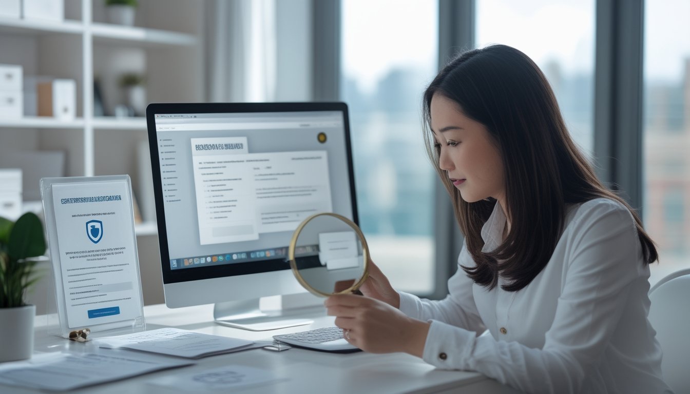 Orang dewasa memeriksa keamanan dan legalitas situs permainan online menggunakan laptop, dokumen, dan ponsel.