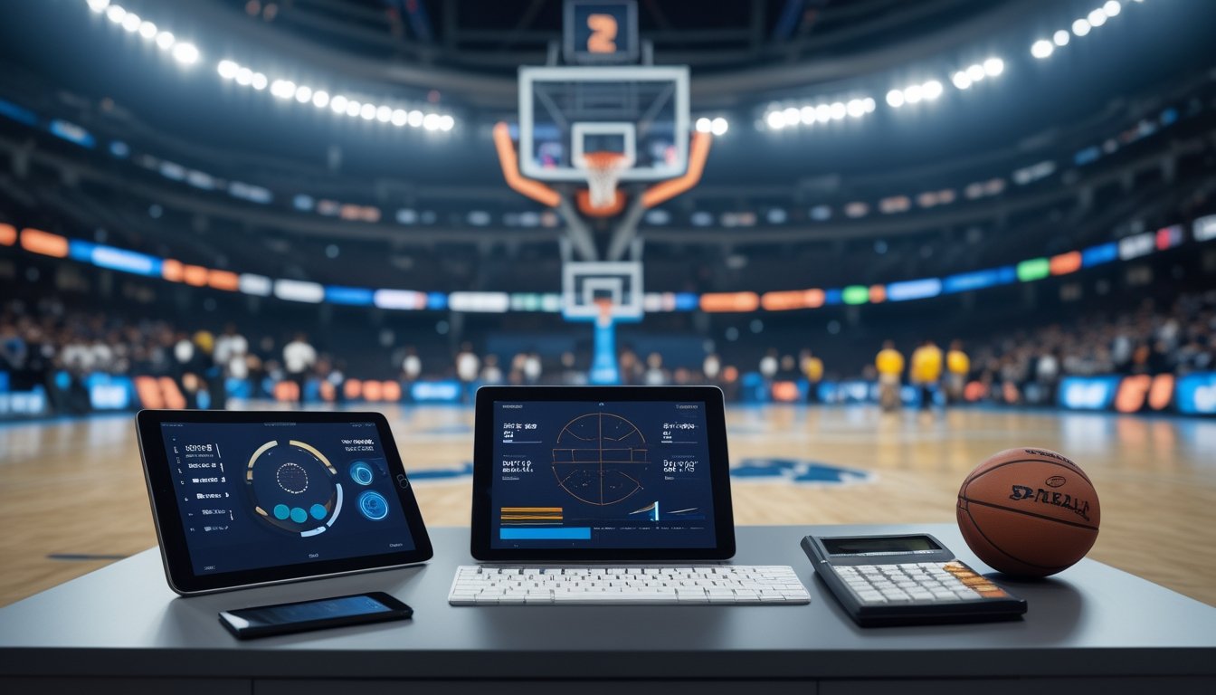 Analis memantau pertandingan bola basket internasional sambil meninjau data pertandingan di meja.