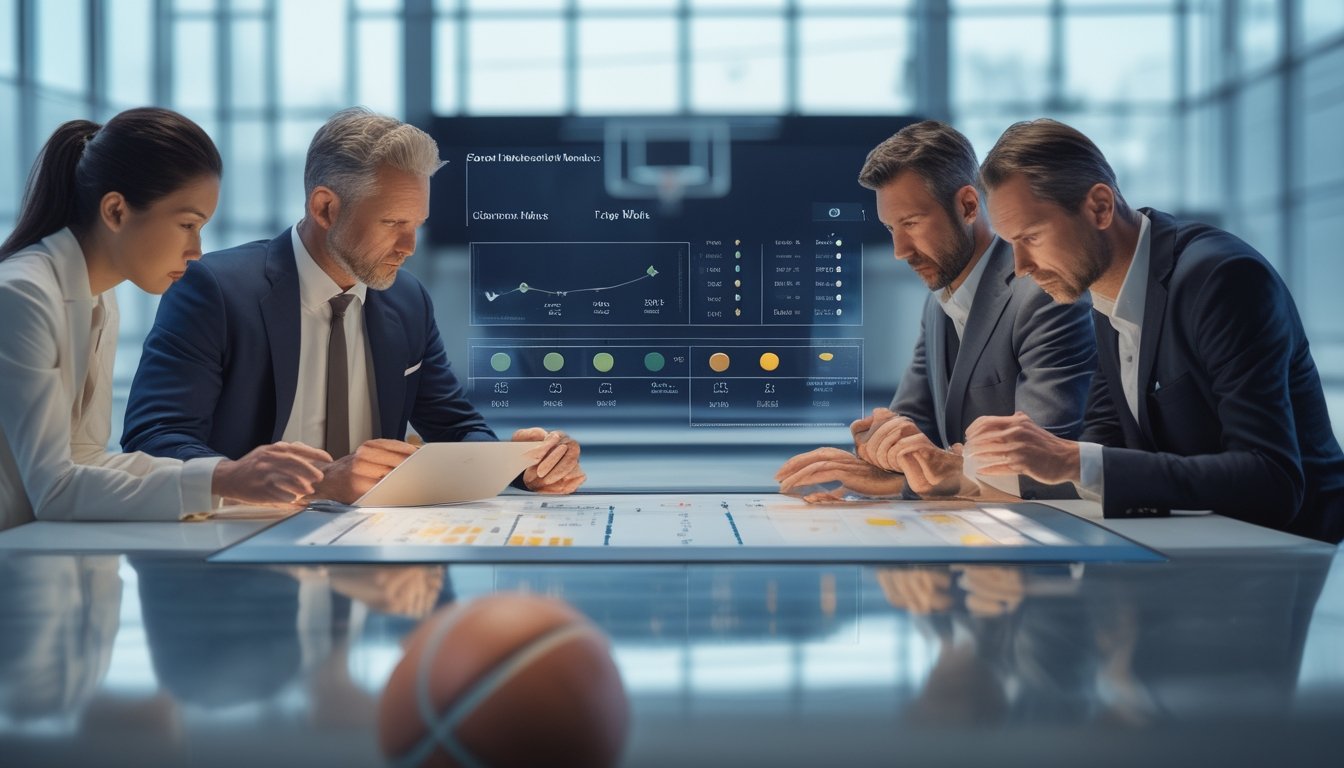 Analis olahraga dewasa mempelajari data pertandingan bola basket di studio modern dengan lapangan basket di latar belakang.