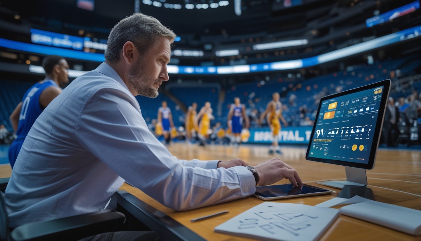 Seorang analis memantau pertandingan basket secara langsung menggunakan tablet dari sisi lapangan.