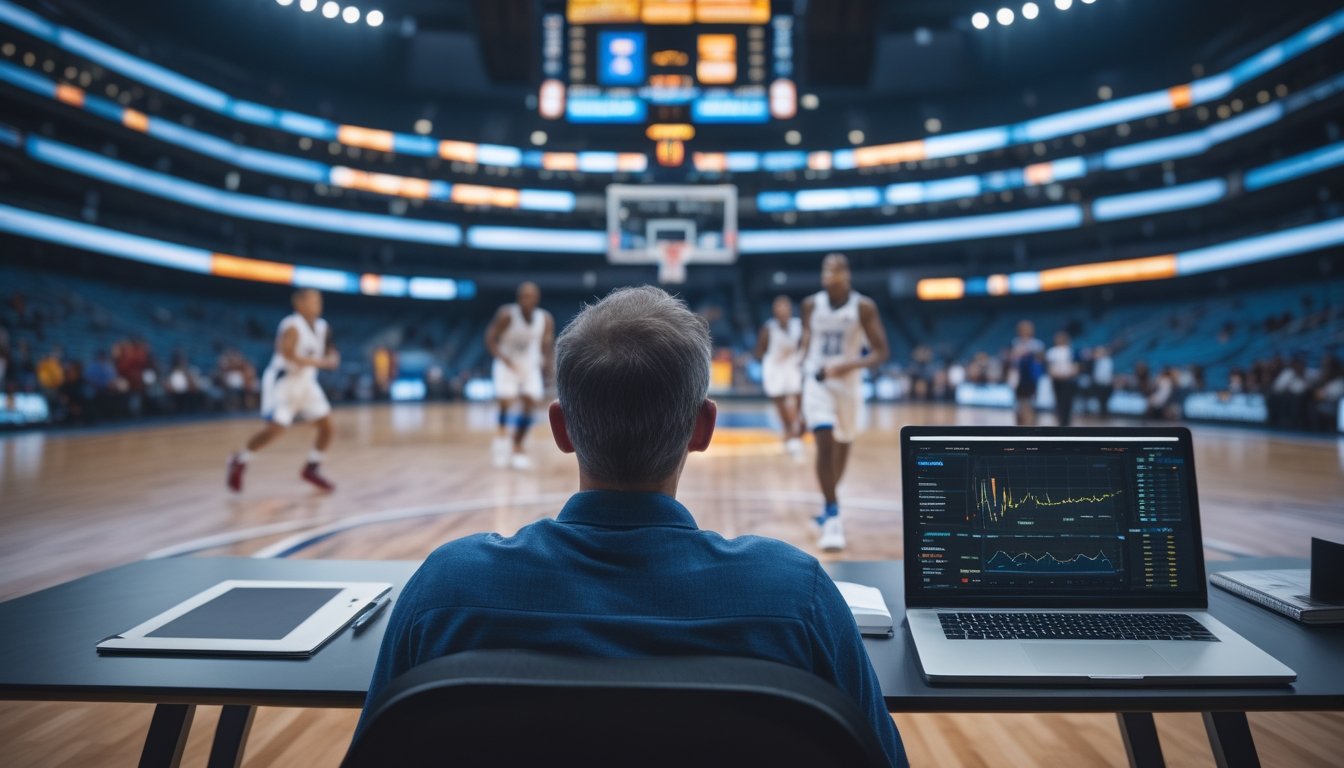 Seorang analis mengamati pertandingan basket langsung sambil melihat grafik statistik pada laptop dan tablet.
