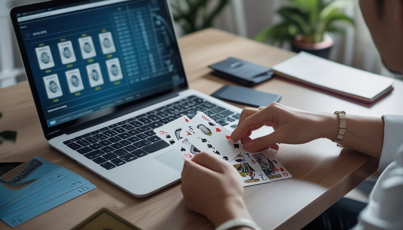 Seorang pemain memeriksa kartu dengan cermat di depan perangkat digital dan catatan.