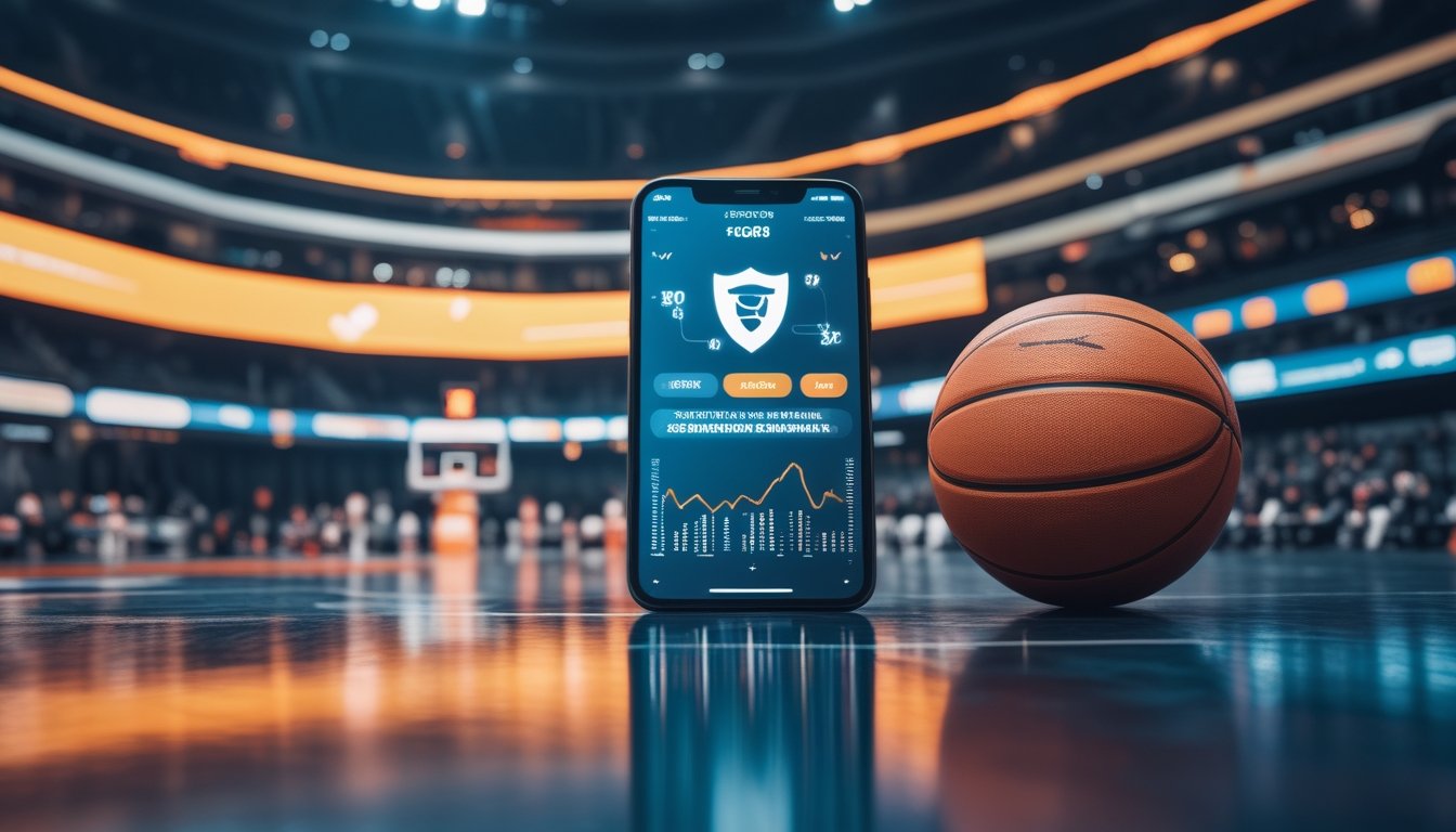 Bola basket dan ponsel berada di tepi lapangan dalam arena basket dengan pertandingan yang tampak samar di latar belakang.