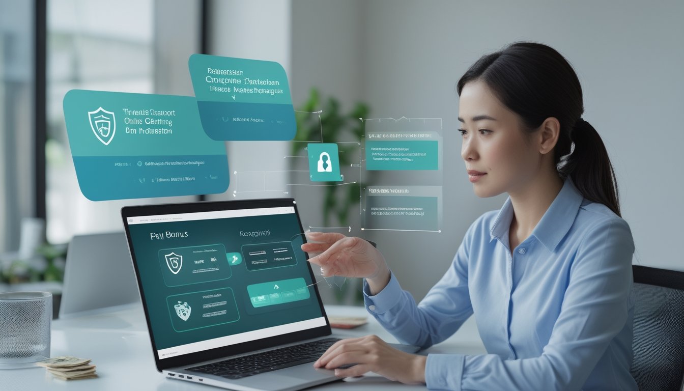 Seorang profesional Indonesia menilai keamanan dan kredibilitas platform Ceme online melalui laptop dan ponsel di ruang kerja modern.