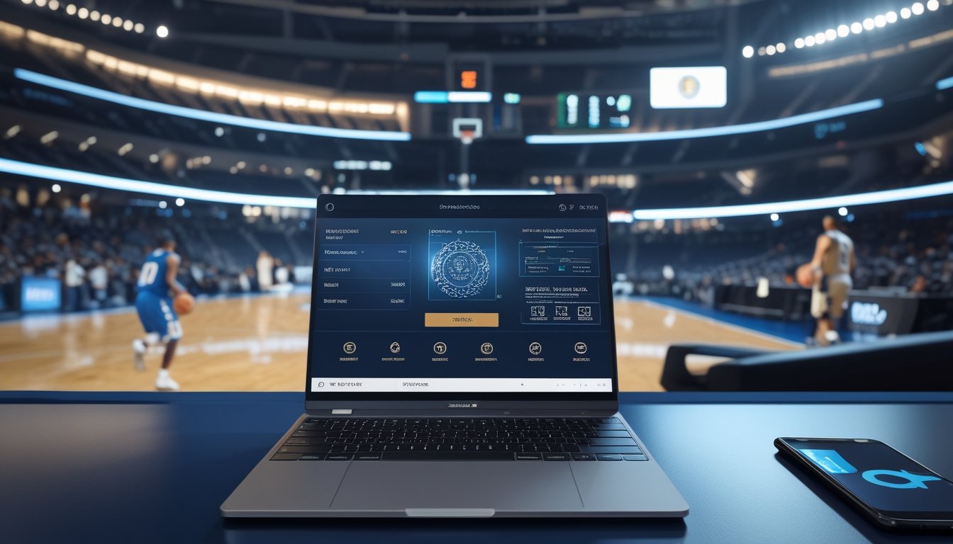Laptop dan ponsel menampilkan analisis pertandingan basket di ruang modern dengan suasana arena olahraga.