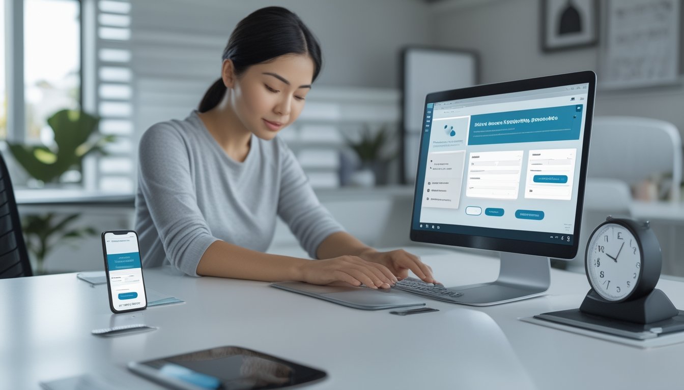 Seseorang menggunakan laptop di meja kerja untuk menyelesaikan pendaftaran akun online dengan cepat.