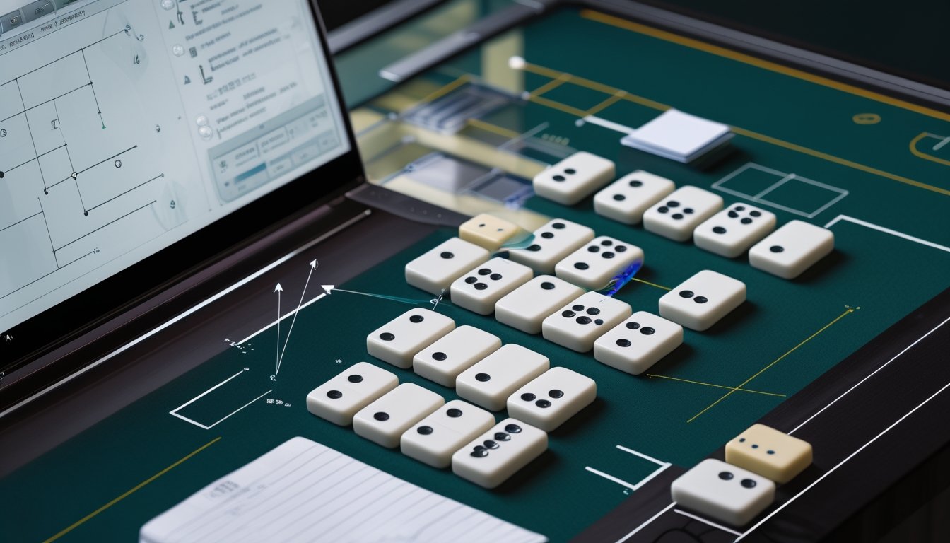 Meja digital dengan kartu domino tersusun dan visualisasi analisis peluang.