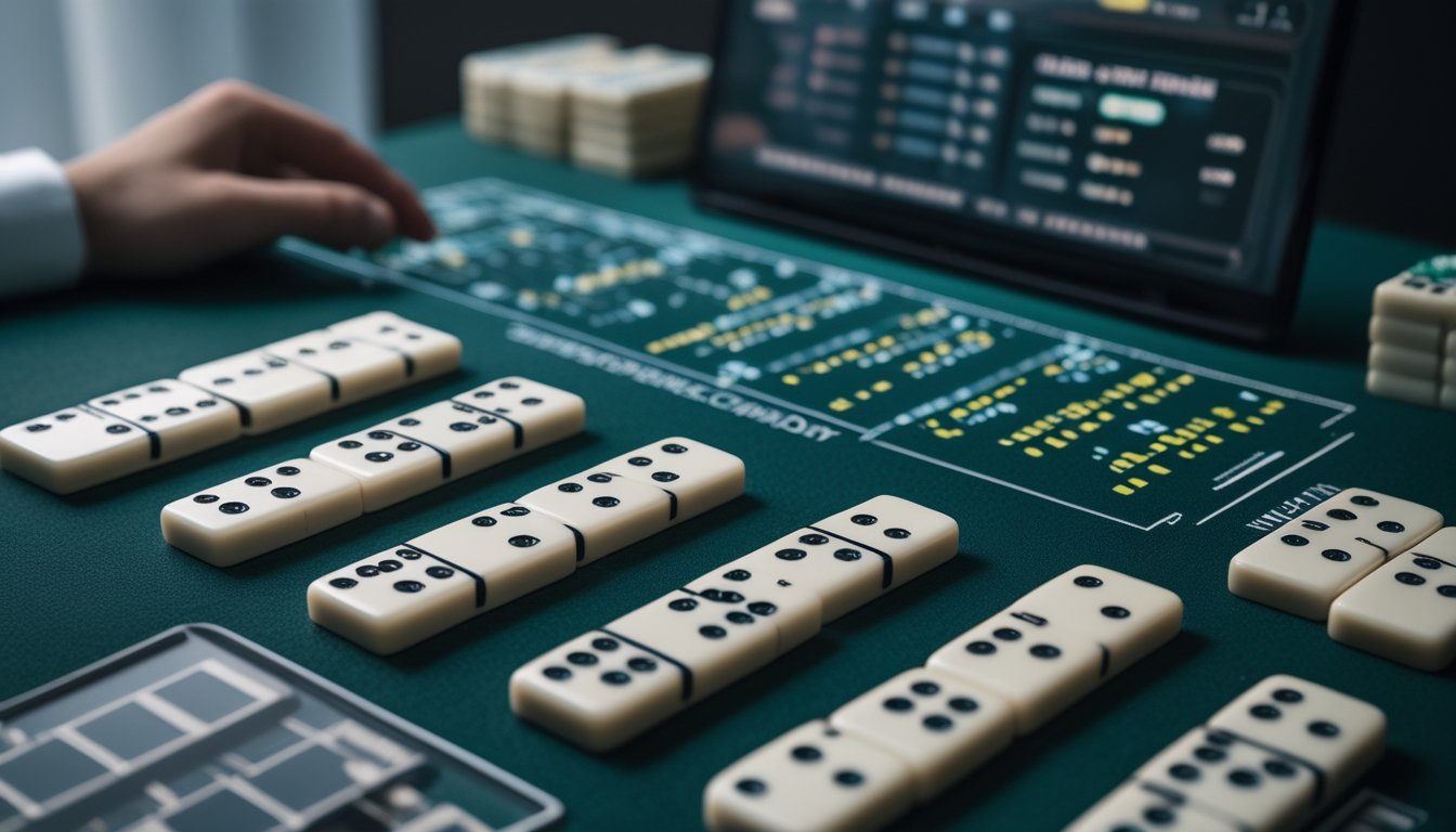 Meja permainan online dengan susunan kartu domino bernilai tinggi dan tampilan analisis peluang yang samar di latar belakang.