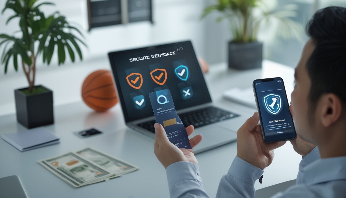Orang dewasa memverifikasi identitas menggunakan kartu identitas, laptop, dan ponsel di meja kerja dengan bola basket di latar belakang.