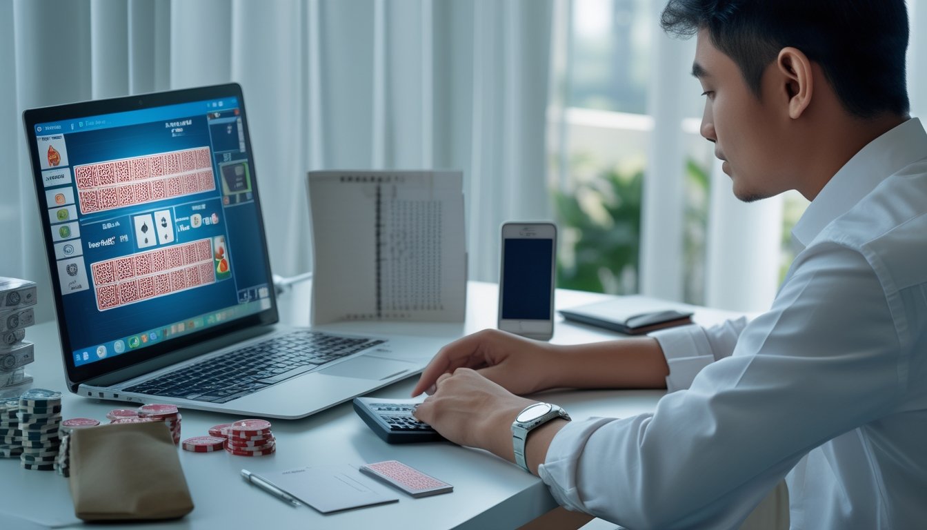 Seorang pria muda mengatur anggaran bermain domino online di meja dengan laptop, kalkulator, buku catatan, dan tumpukan chip.