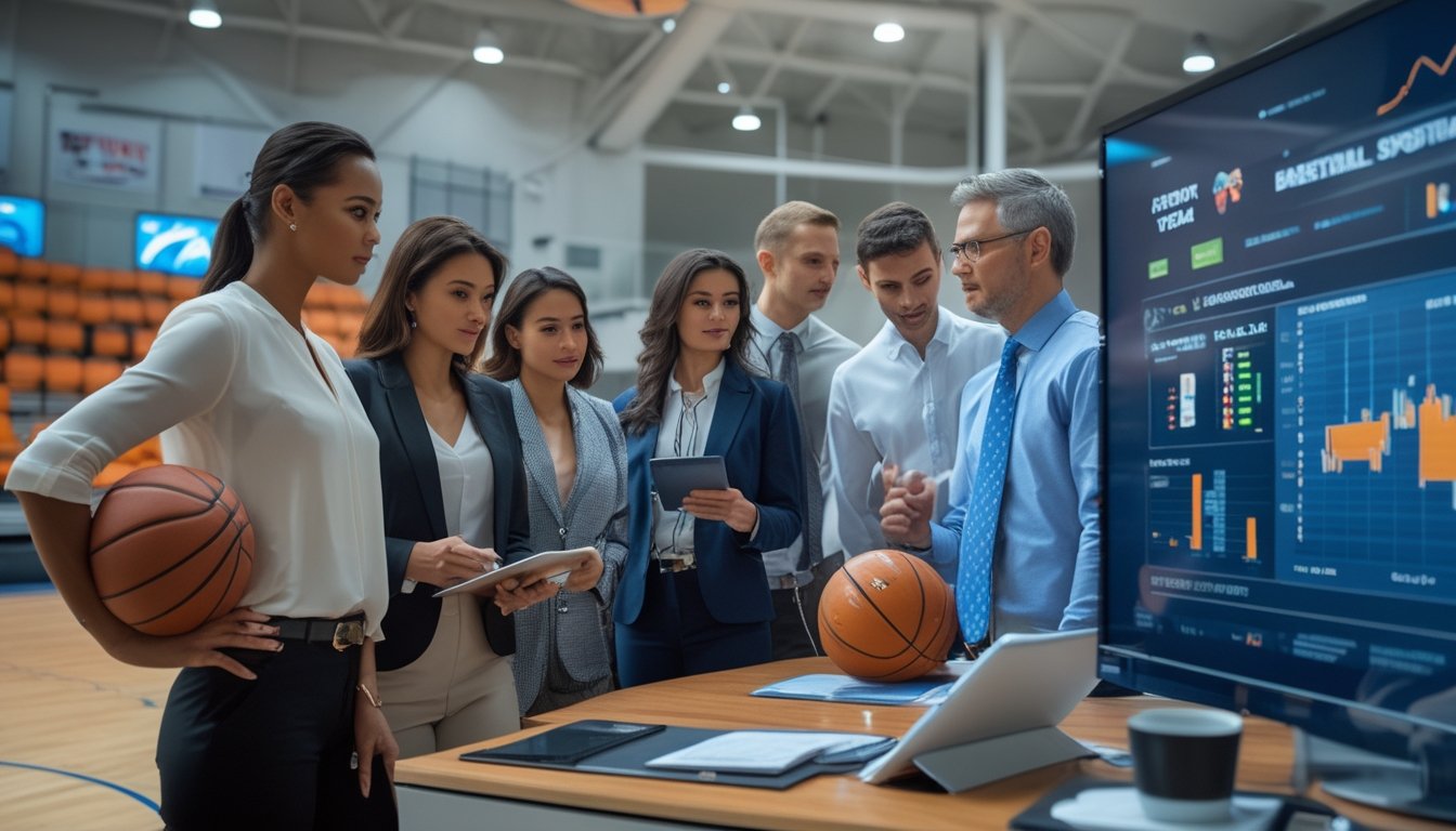 Sekelompok atlet dan profesional menganalisis data pertandingan basket di ruang olahraga modern.