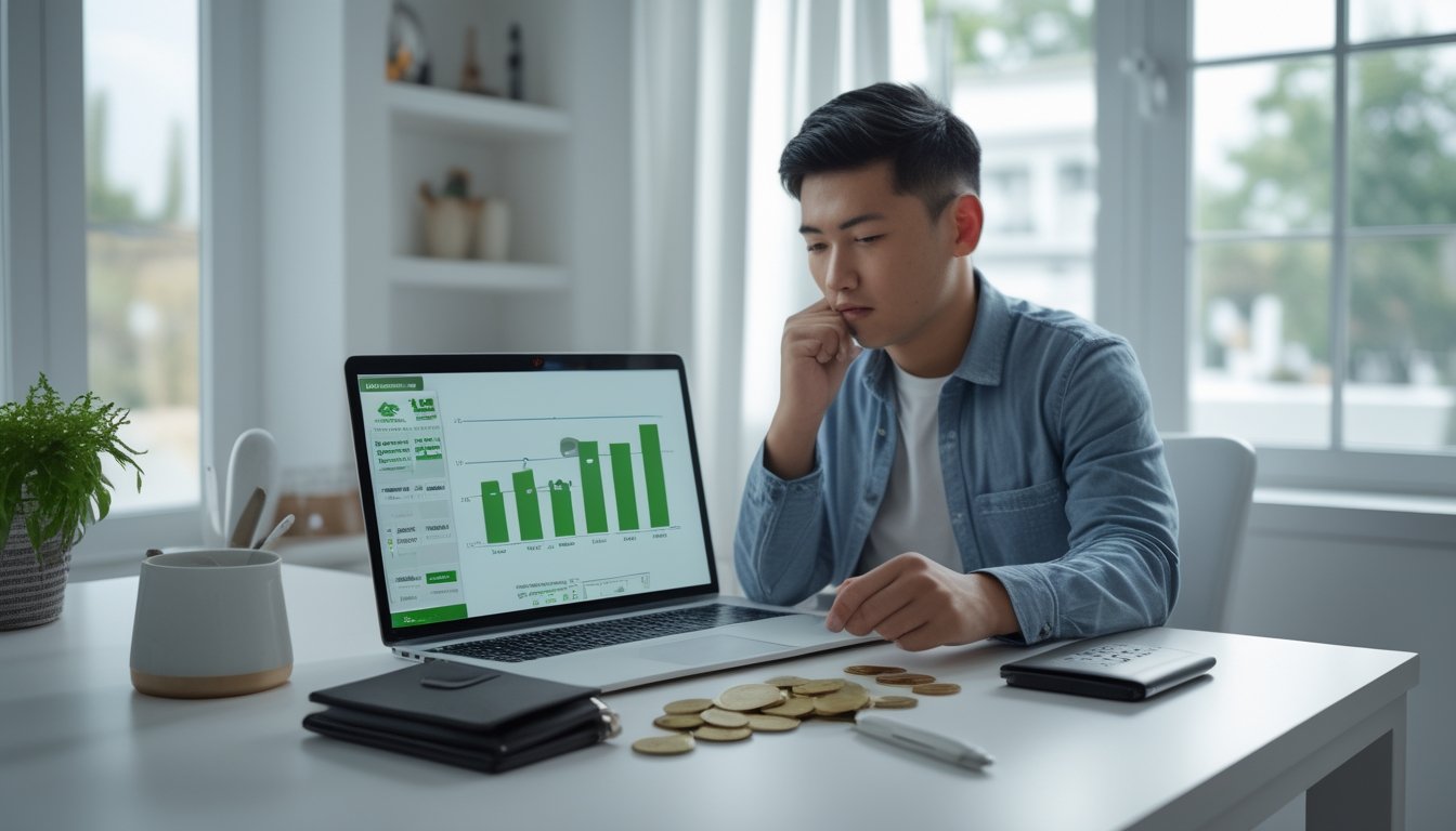 Seorang pemula meninjau rencana pengelolaan dana untuk permainan domino online di meja kerja yang rapi.