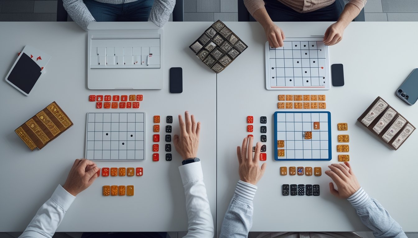 Dua kelompok domino dengan susunan berbeda diamati oleh beberapa orang di atas meja.
