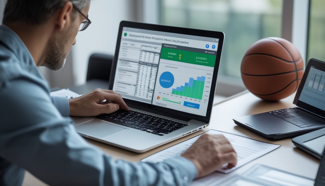 Seseorang meninjau anggaran taruhan basket secara teratur di meja kerja dengan laptop, kalkulator, dan bola basket.