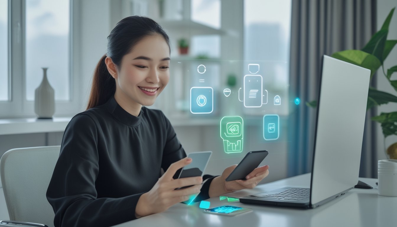 Seorang pengguna Indonesia tersenyum menggunakan ponsel dan laptop untuk melakukan pembayaran digital di ruang kerja modern.