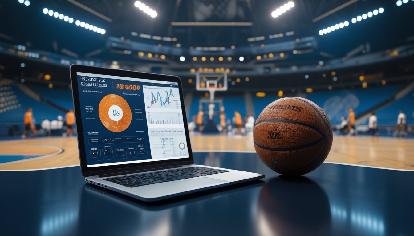 Bola basket dan perangkat analisis data di studio olahraga dengan lapangan basket di latar belakang.