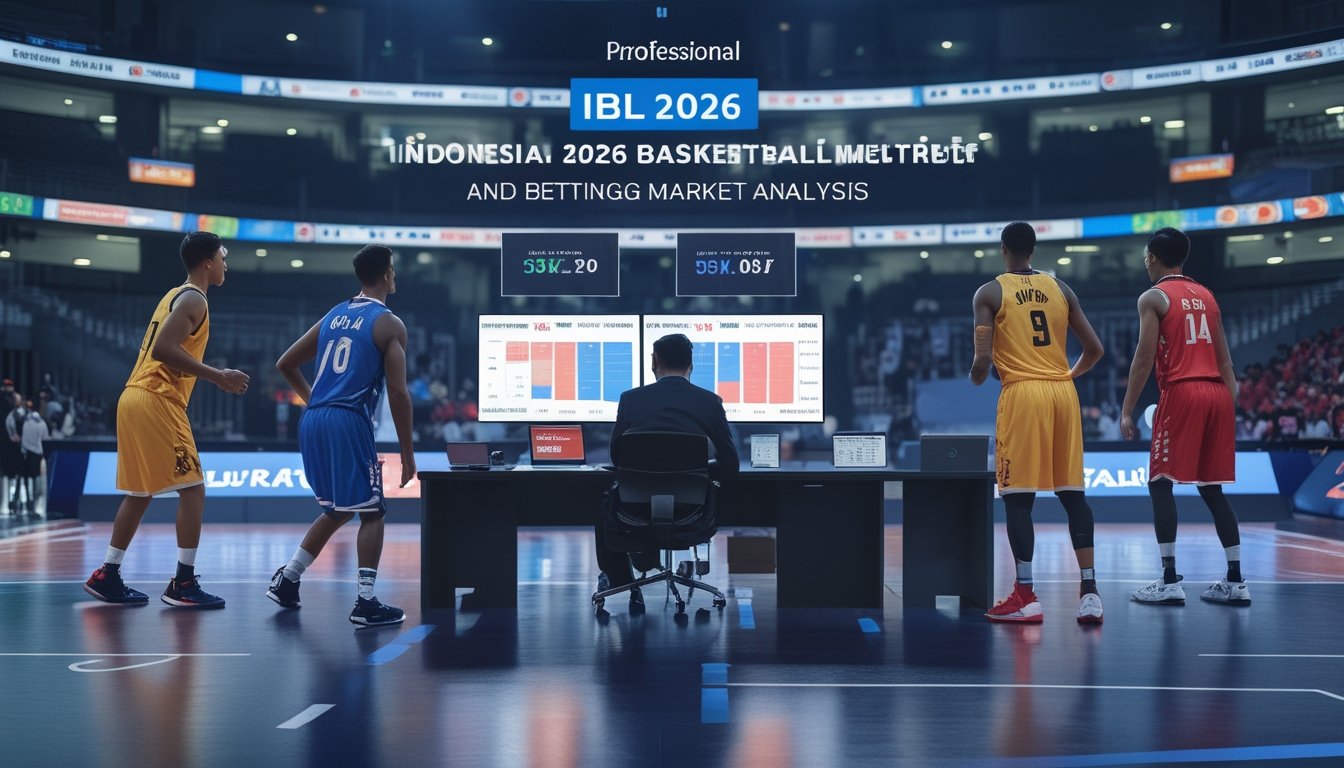 Pemain basket bertanding di arena sementara analis mempelajari data pertandingan.