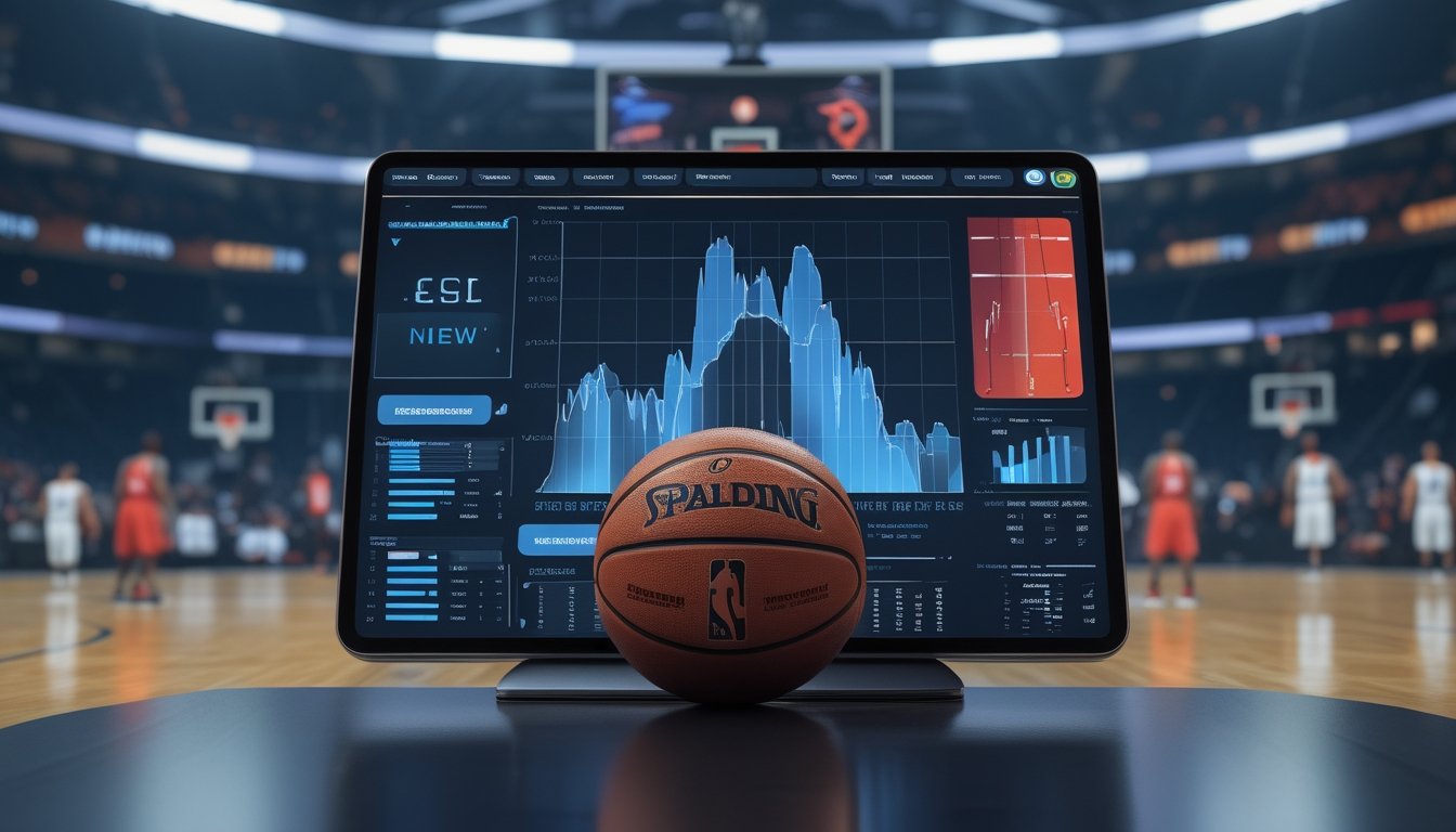 Bola basket berada di ruang analisis olahraga dengan layar yang menampilkan grafik performa dan siluet pemain di lapangan.
