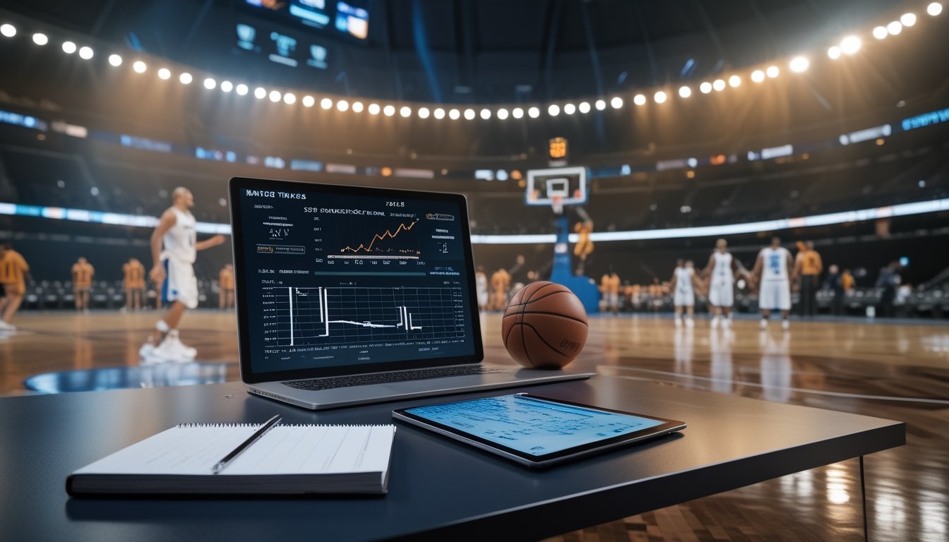 Suasana arena final bola basket dengan analis yang mengamati data performa dan persiapan pertandingan.