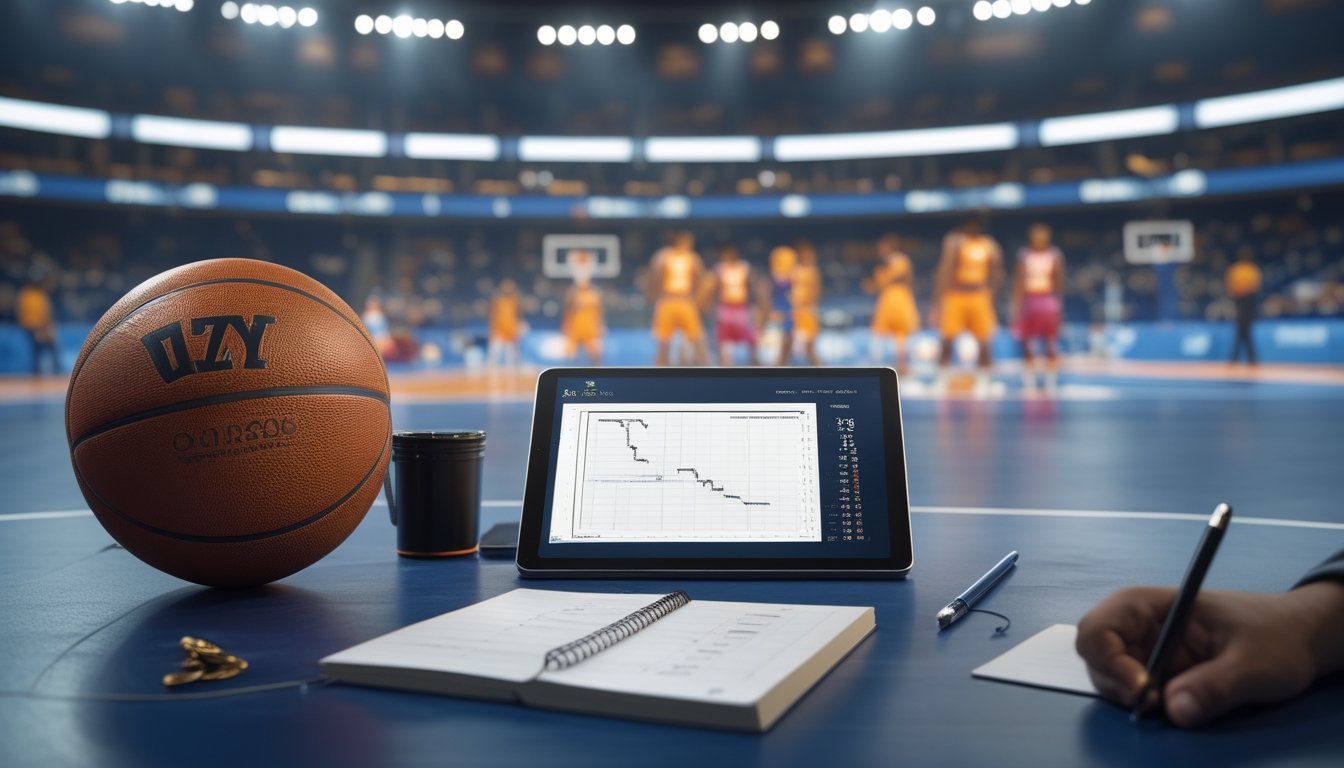 Bola basket dan tablet berisi grafik statistik abstrak di meja analisis dengan arena basket yang tampak samar di latar belakang.