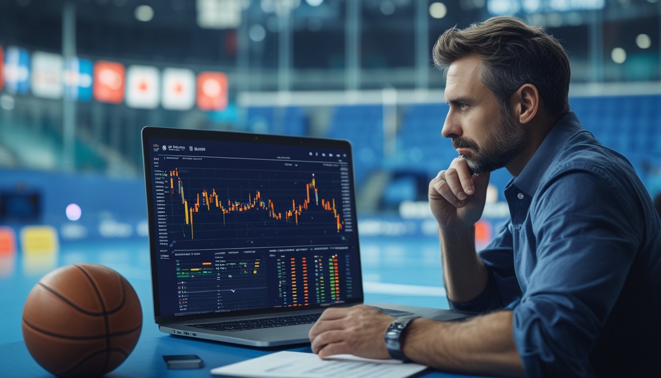 Analis olahraga mempelajari grafik dan statistik pertandingan basket di ruang kerja modern dengan lapangan basket di latar belakang.