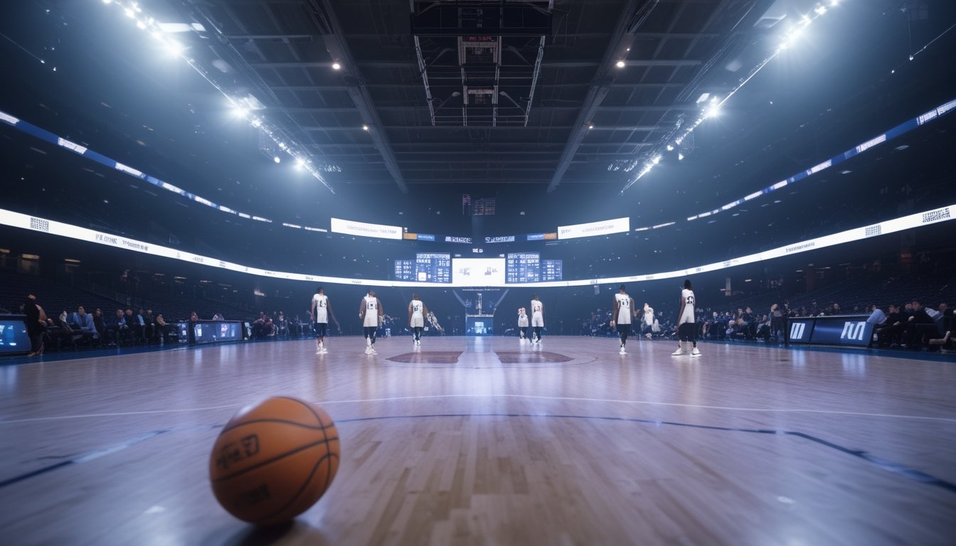 Pemain basket profesional melakukan pemanasan di lapangan dalam arena yang ramai.