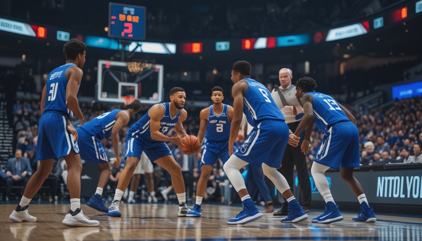 Pemain tim basket yang kurang diunggulkan berusaha mencetak angka melawan tim lawan di arena yang penuh penonton.