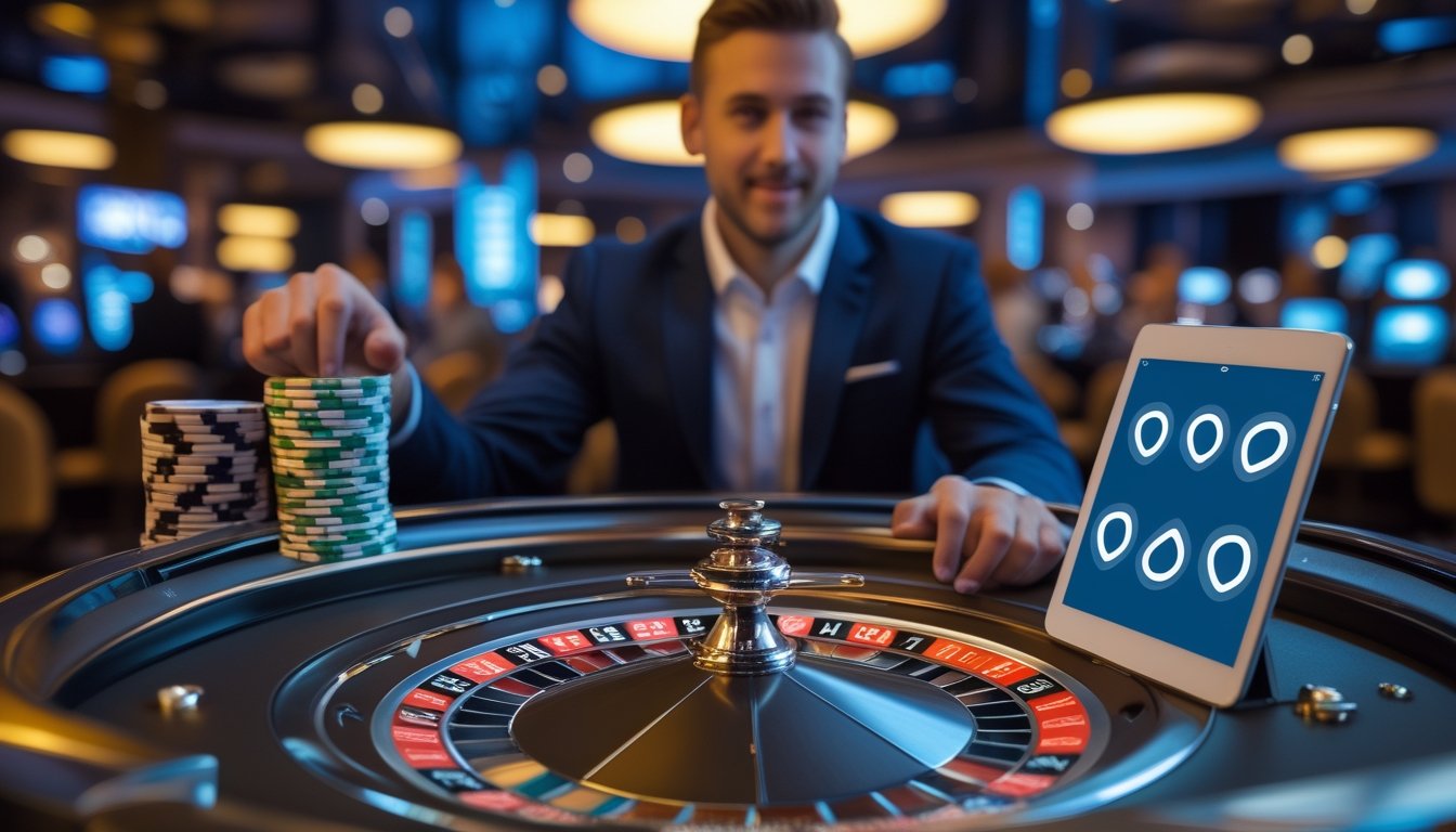 Seorang pemula mempelajari permainan roulette di meja kasino dengan roda roulette dan keping taruhan.