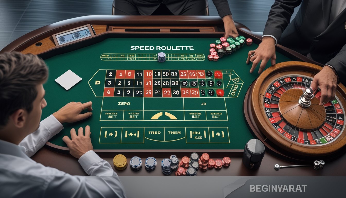 Pemula mempelajari tata letak meja speed roulette bersama dealer di kasino.