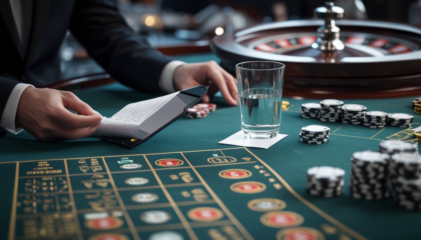 Seorang pemain yang tenang mengatur tumpukan chip dan mencatat anggaran di meja roulette dengan dealer di latar belakang.