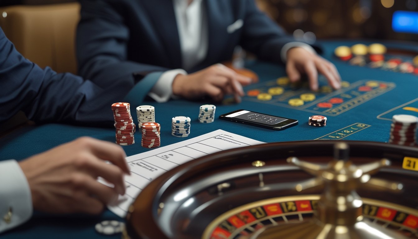 Pemain dewasa menata chip dan meninjau rencana anggaran di meja rolet langsung.