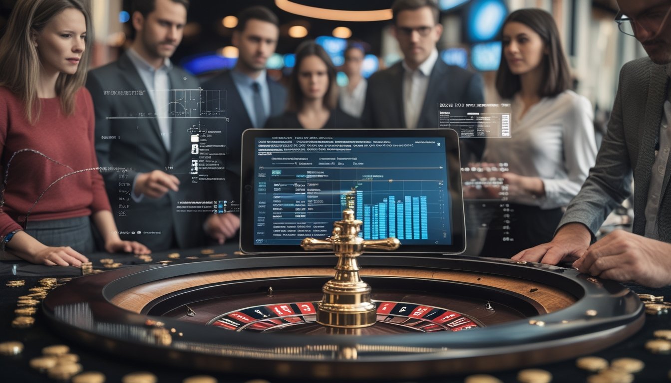 Analis mengamati roda roulette dan data statistik di meja kasino modern.