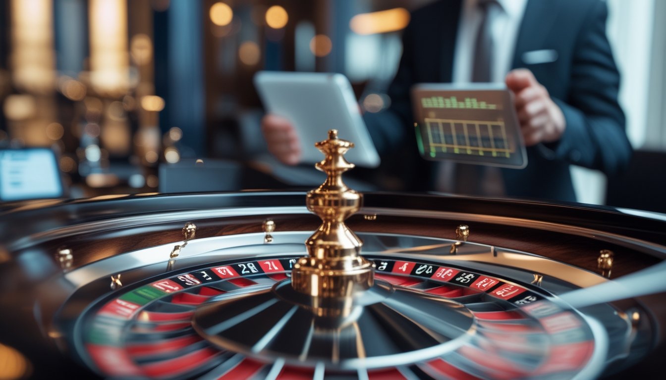 Roda roulette berputar cepat sementara seorang analis mengamati data statistik di lingkungan kasino modern.