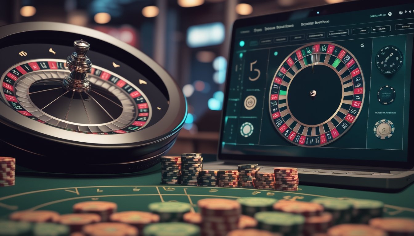 Roda roulette dengan bola yang sedang bergerak dan keping taruhan tersusun di meja kasino modern.