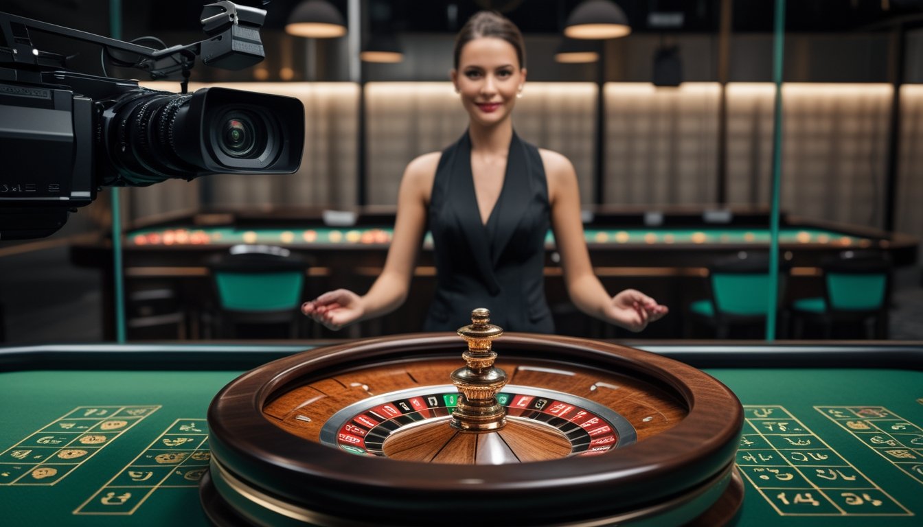 Dealer profesional berdiri di belakang roda roulette yang berputar cepat di studio kasino modern.