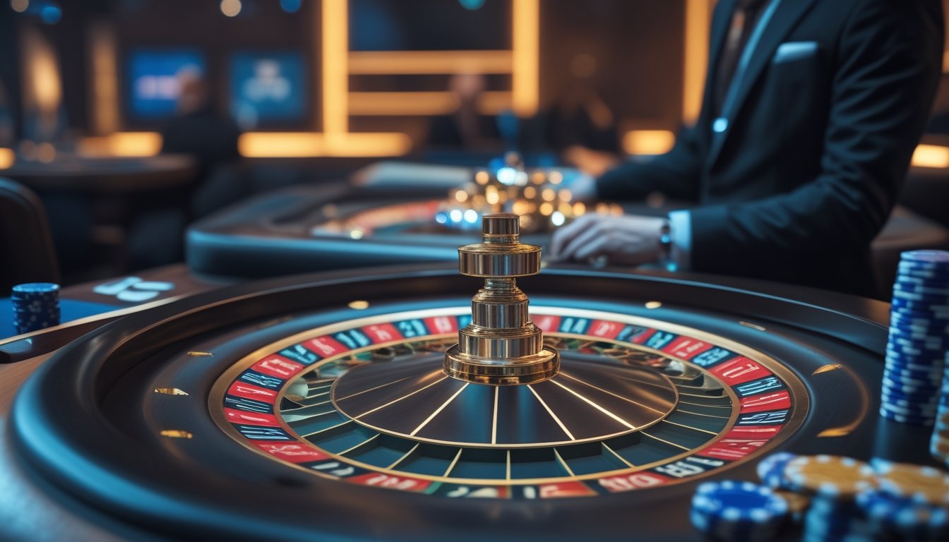 Roda roulette dengan bola yang bergerak cepat dan dealer di meja kasino.