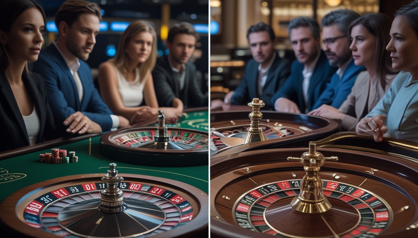 Dua meja roulette, satu bergaya modern dan cepat serta satu bergaya tradisional, diamati oleh pemain di kasino.