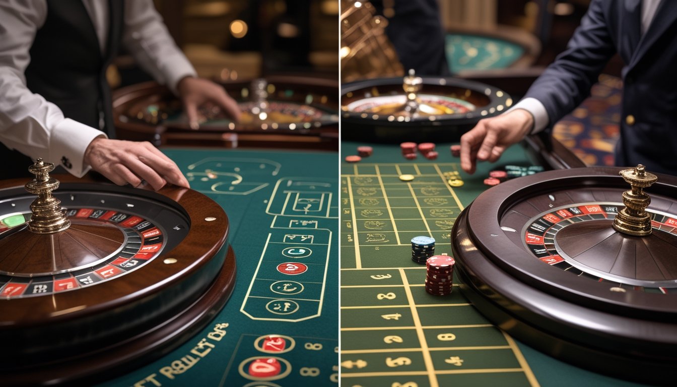 Meja roulette kasino menampilkan roda roulette, bola, chip, dan tangan bandar dalam suasana kasino elegan.