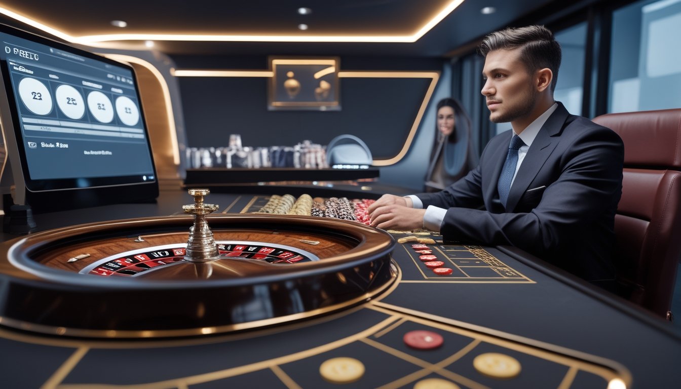 Dealer profesional memandu permainan roulette langsung di meja kasino modern dengan roda roulette dan keping taruhan.