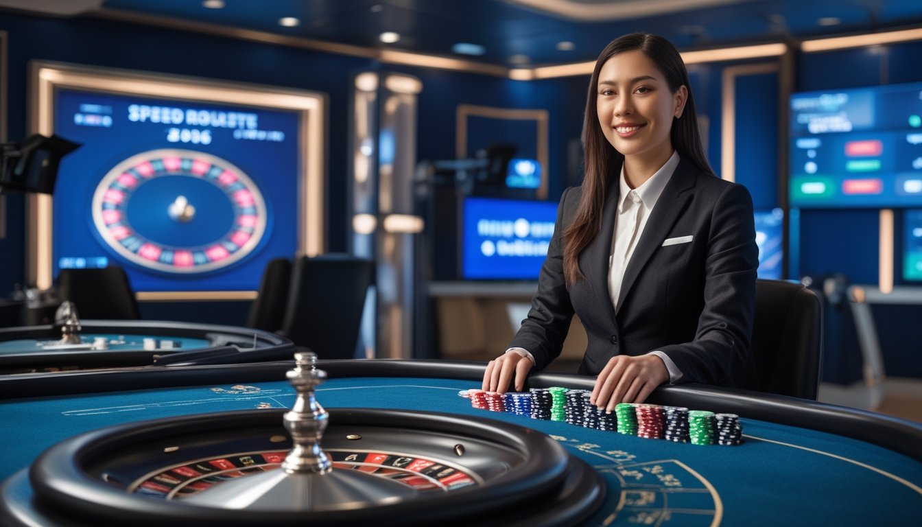 Dealer memandu permainan roulette langsung di studio kasino modern dengan meja roulette dan kamera siaran.